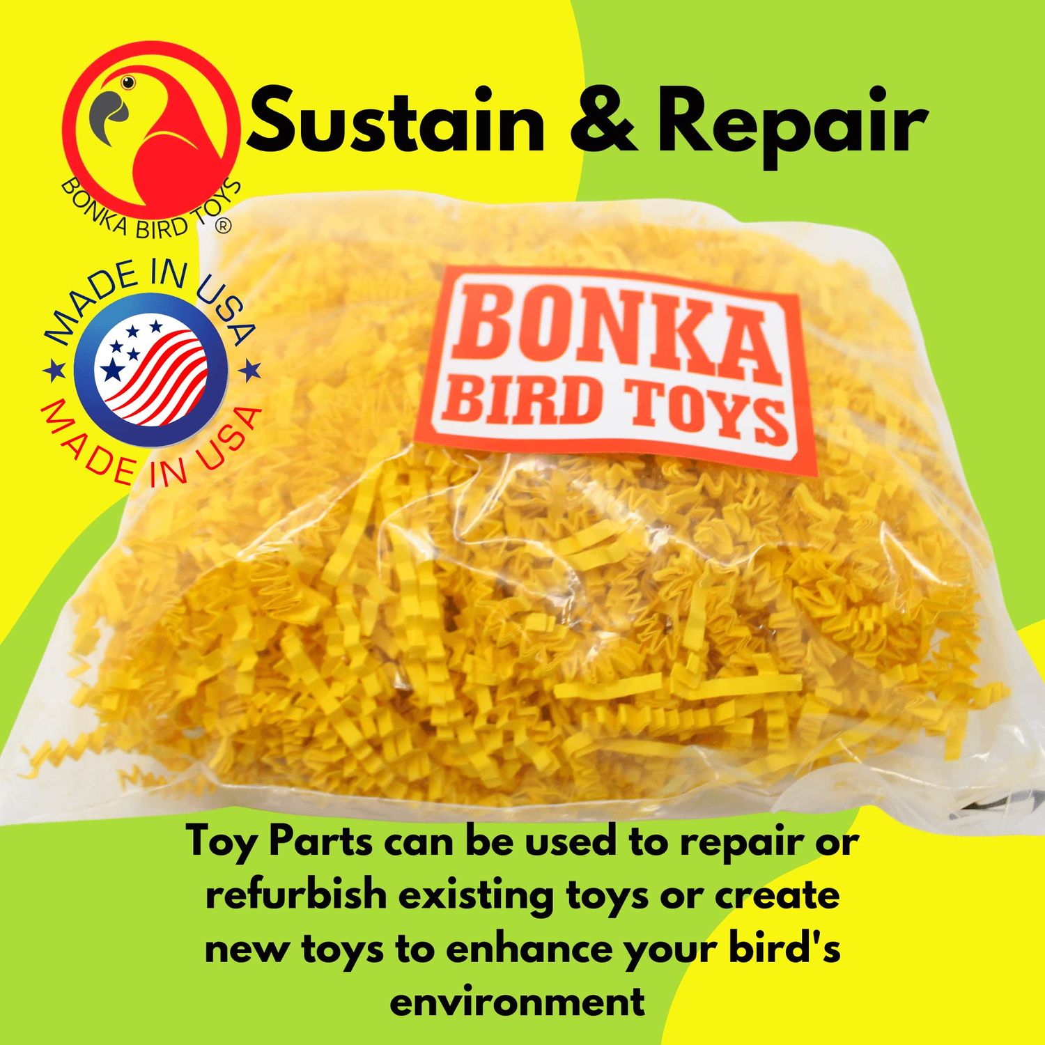 Bonka Bird Toys Colored Crinkle Shred Paper Chew Forage Nesting Natural Multi-Use Craft Part Projects Cockatiels Parakeets Conures Amazons and Other Similar Birds (Yellow)