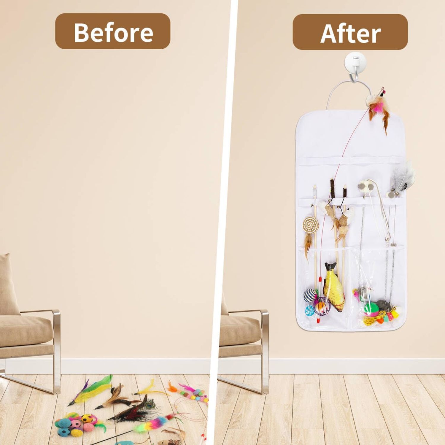 Cat Wand Toy Storage Hanging Bag,High Capacity Cat Wand Toy Storage Bag, Indoor Cat Toy Storage Organizer,Lightweight Pet Toy Storage Bag for Neatly Organizing Teaser Wand Toys,Keep Home Tidy(White)