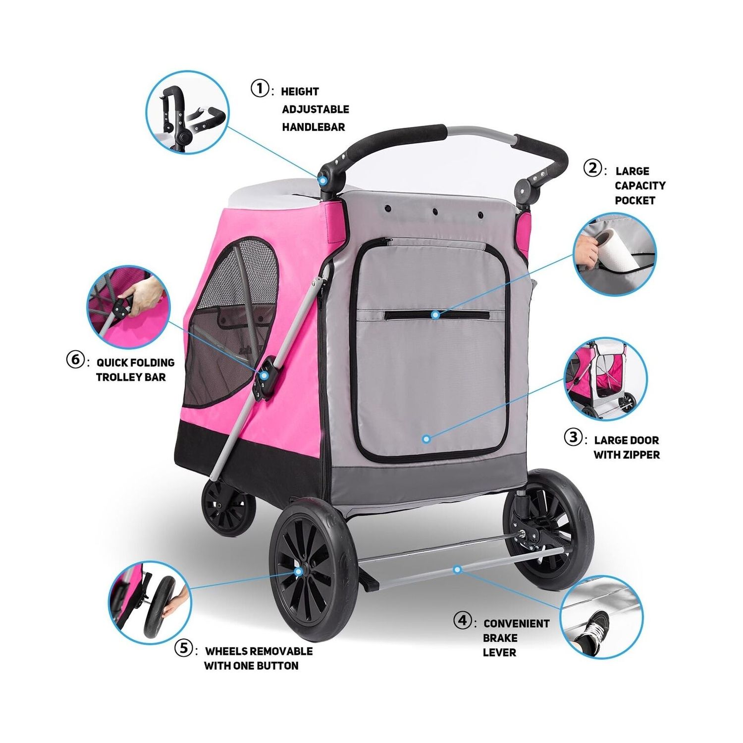 Dog Stroller for Large Dogs, 3 Wheel Foldable Pet Stroller for Medium Large D...