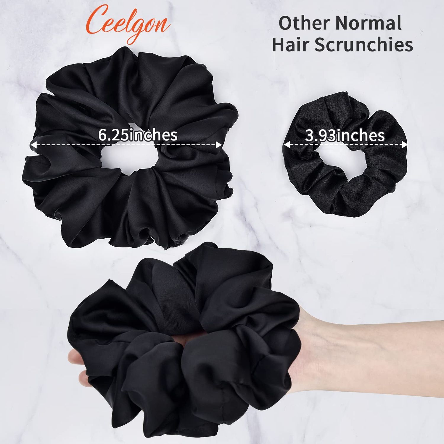 CEELGON Black Big Real Silk Scrunchies for Women 6.3Inches Large Scrunchie Satin Oversized Silk Thick Elastic Hair Ties Jumbo Hair Scrunchies 6 Pack (Black)