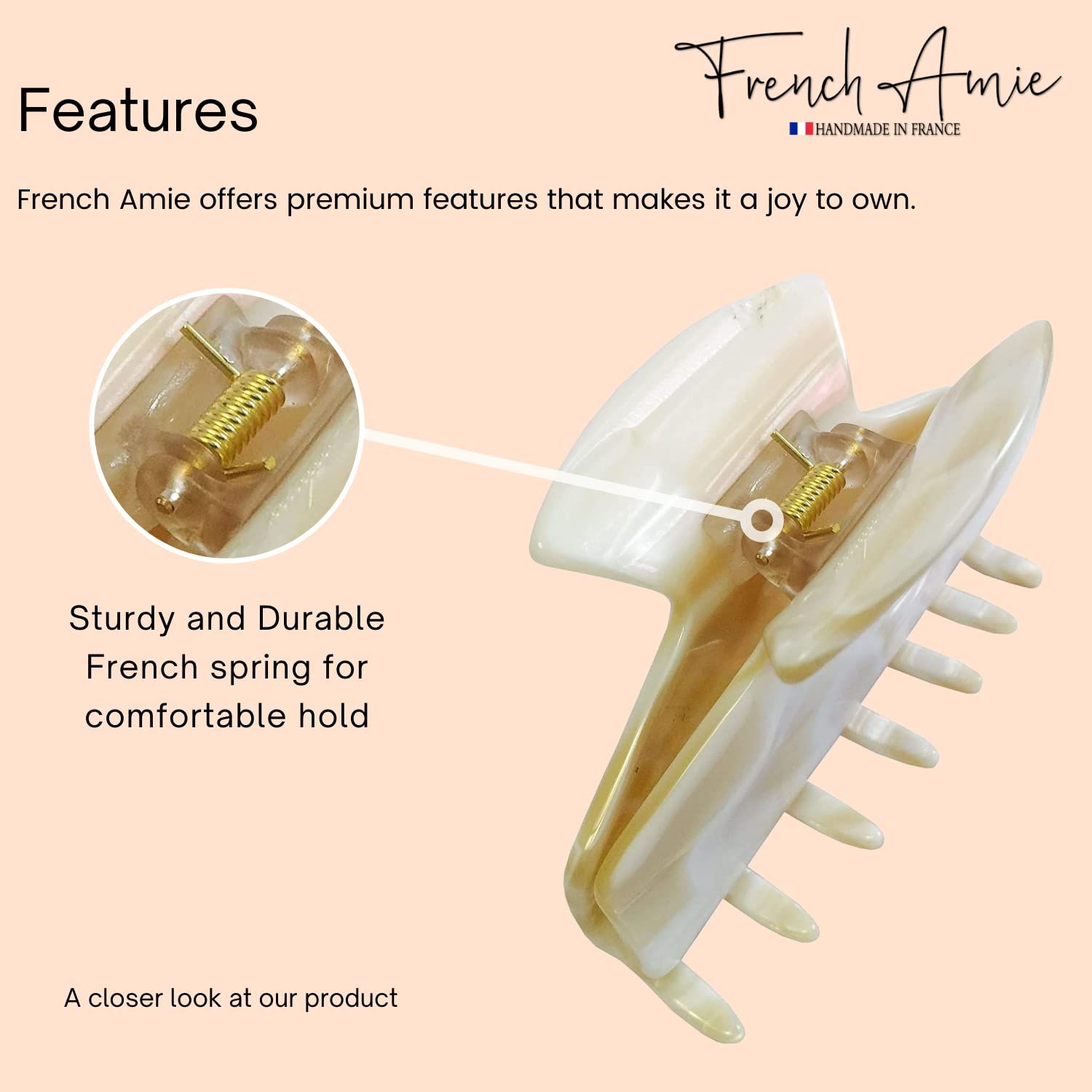 French Amie Chic Ivory Handmade Celluloid Large 3" Jaw Hair Claw Clip Clamp Clutcher Fashion Durable and Styling Hair Accessories for Women Strong Hold No Slip Grip, Made in France