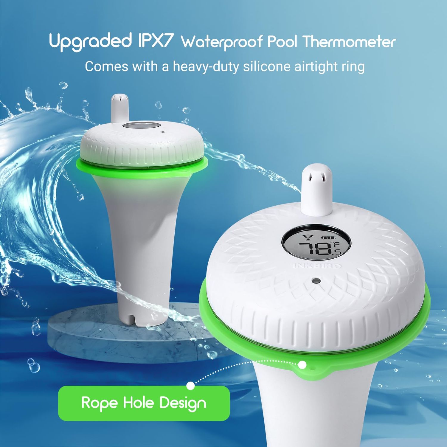INKBIRD IBS-P02R Floating Wireless Thermometer Set with Indoor Temperature Humidity Monitor, IPX7 Waterproof, for Swimming Pools, Hot Tubs, Small Ponds, Aquariums