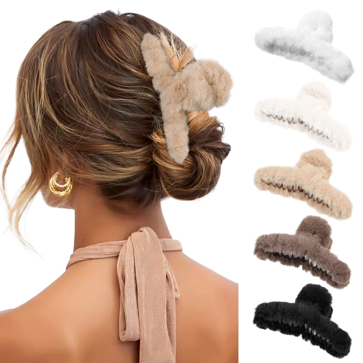 5PCS Large Claw Hair Clips for Thick Hair Big Banana Hair Clips for Women Nonslip Strong Hold Hair Claw Clip Plush (White+Black+Beige+Brown+Coffee)