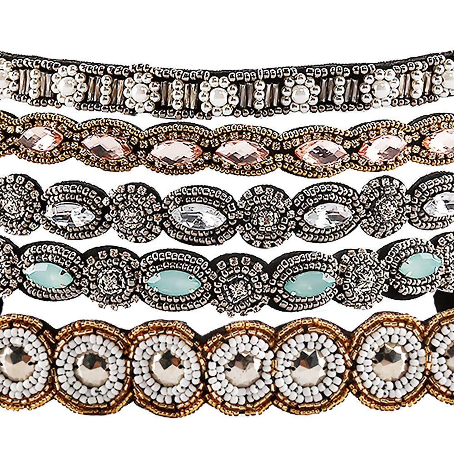 Rhinestone Beaded Elastic Headband - 5 Pcs Fashionable Style Crystal Beaded Hair Ties, Handmade Jewely Headband for Women Girls Lady