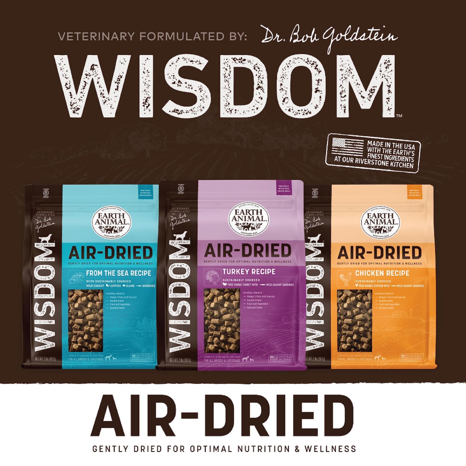 Earth Animal Wisdom Air Dried Dog Food | Chicken Recipe Premium Natural Dog Food | All Breeds & Ages | Made in The USA | 2 Pound Bag
