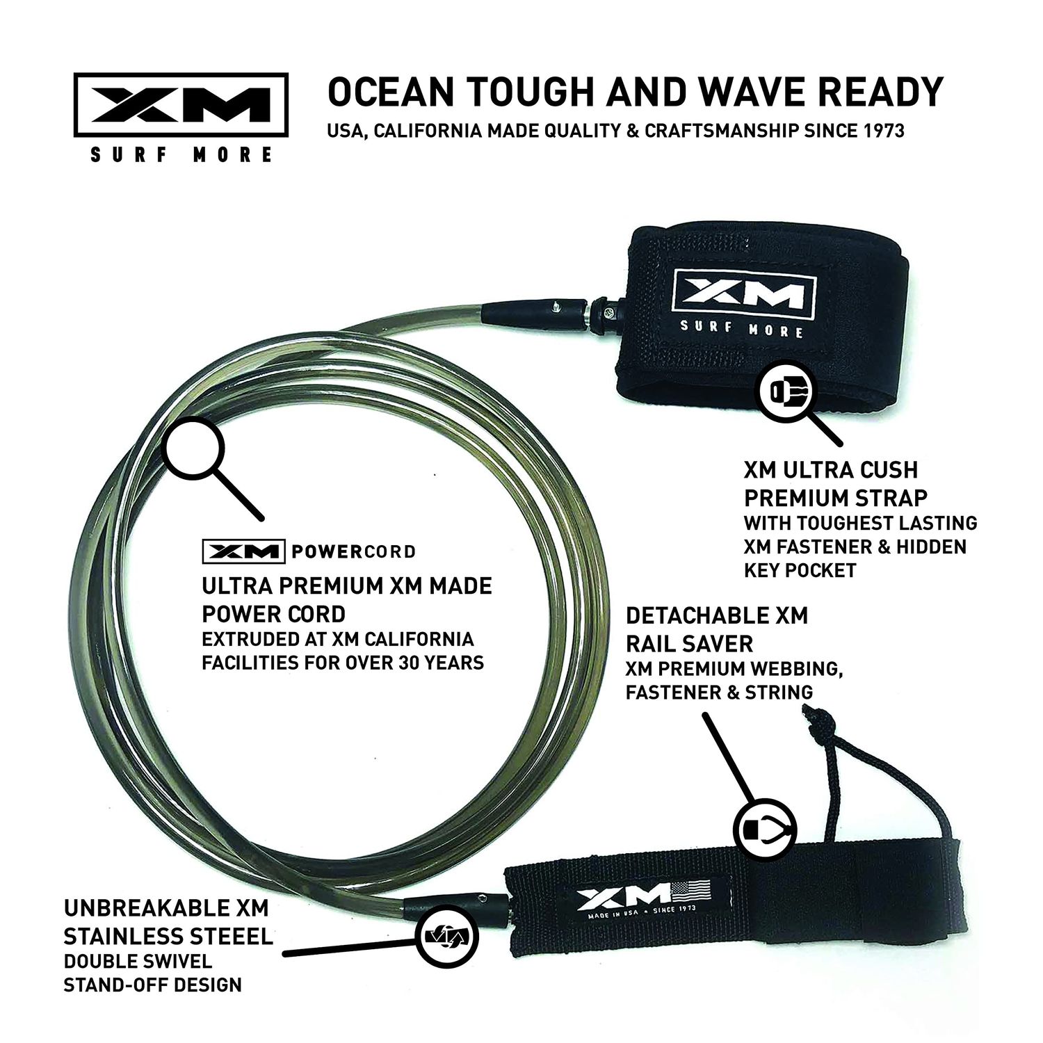 XM SURF MORE Premium Surfboard Leash, 15ft, Made in USA, Big Wave Cord Thickness (0.313in), Key Pocket, Unbreakable Swivels, Detachable Railsaver, All Black, Kink-Free [3 Year Warranty]