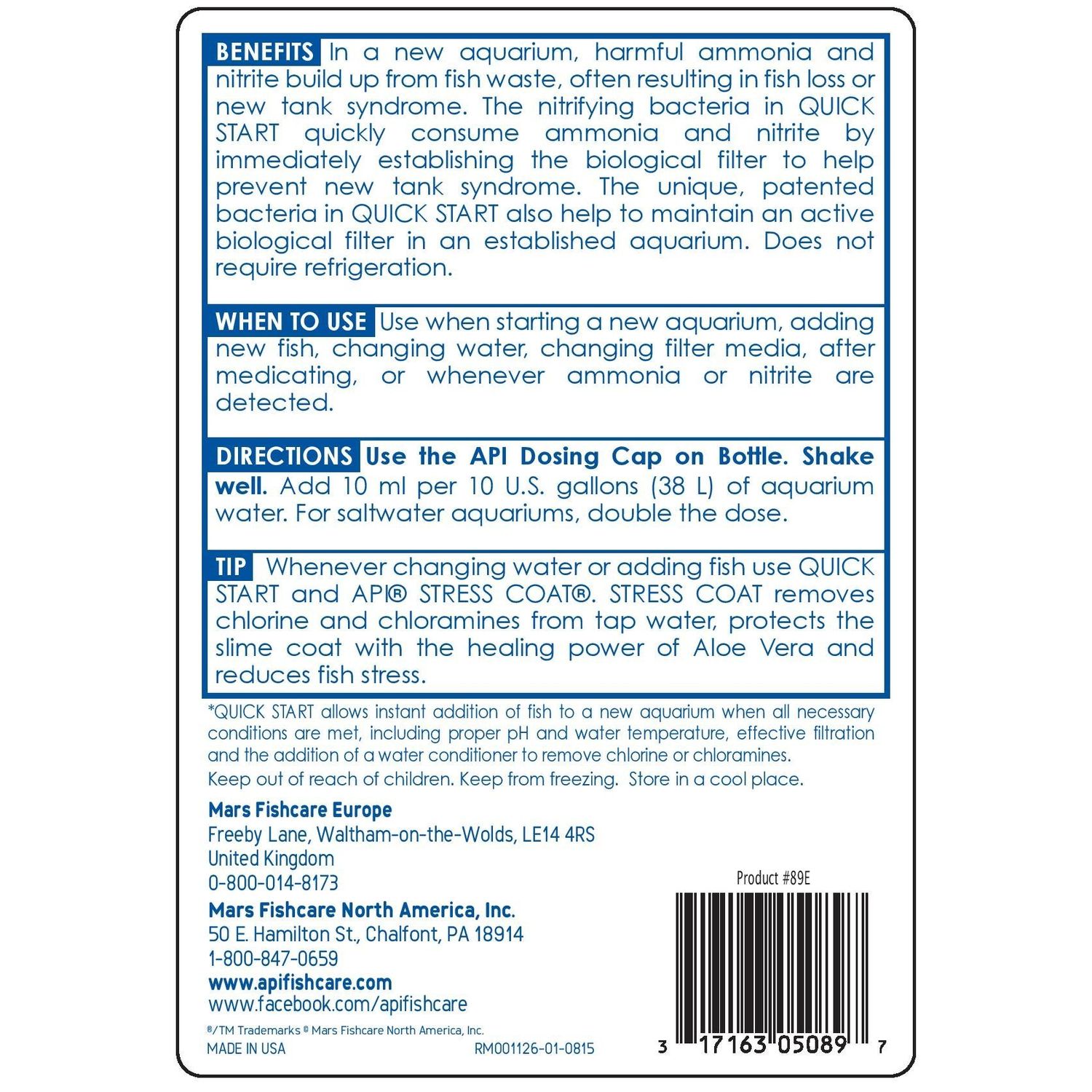 API QUICK START Freshwater and Saltwater Aquarium Nitrifying Bacteria 16-Ounce Bottle