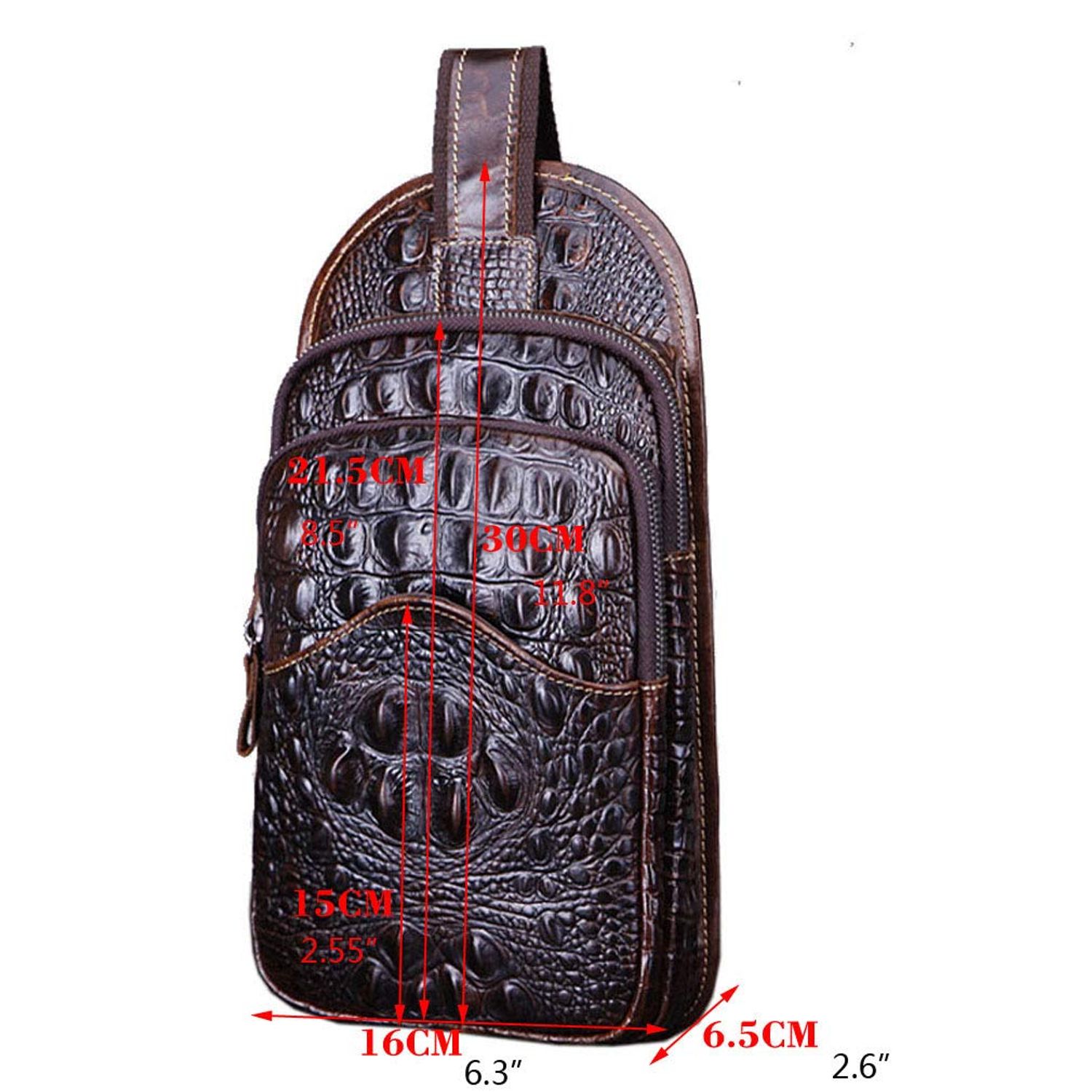 Hebetag Crocodile Genuine Leather Sling Crossbody Bag for Men Travel Outdoor Hunting Hiking Camping Shoulder Chest Pack Backpack Daypack Coffee
