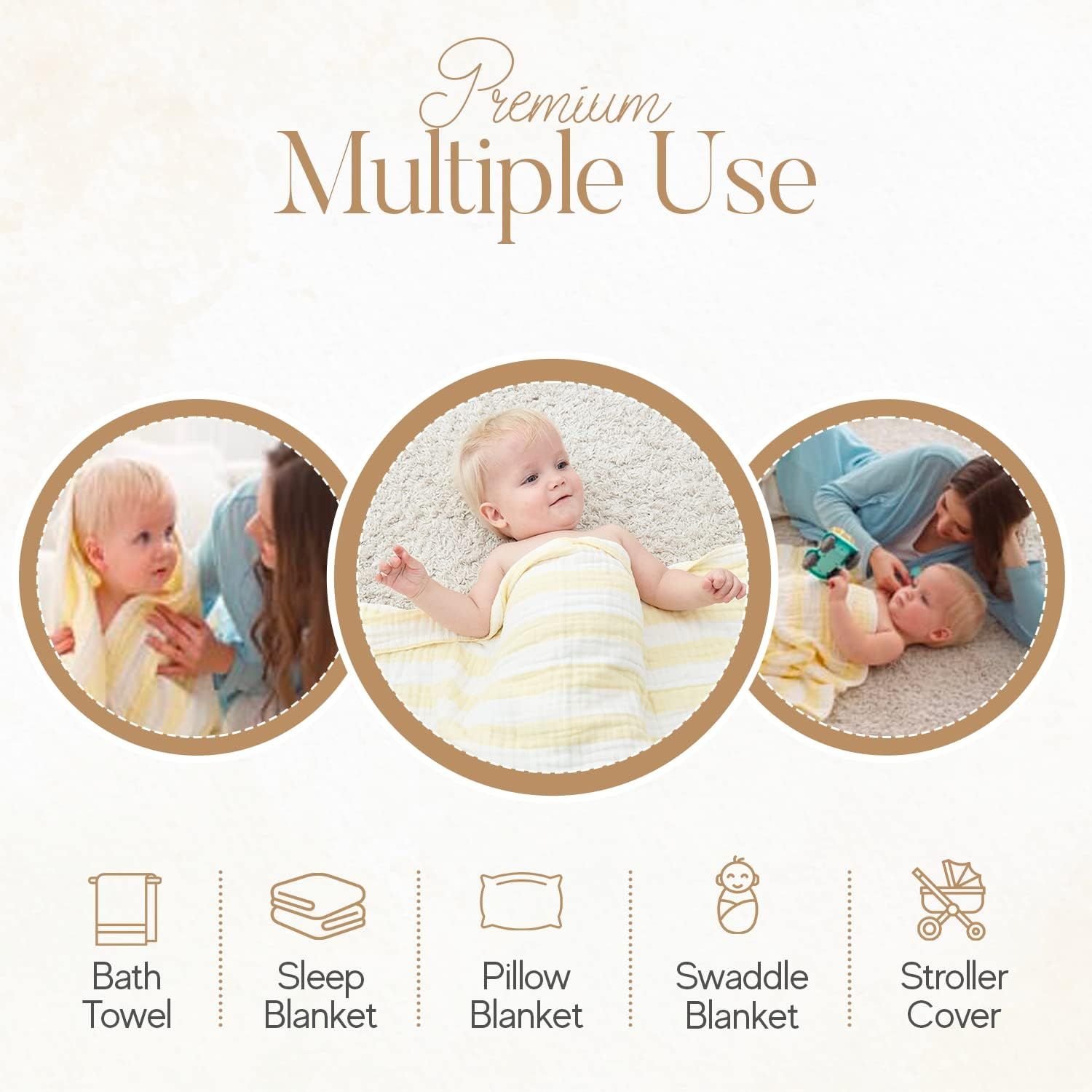 HardNok Muslin Baby Bath Towel Set, 2 Large Gauze Super Soft Baby Bath Towel and 3 Washcloths, 6 Layers Muslin Cotton Infant Blanket Suitable for Baby's Delicate Skin (Amsicotion)