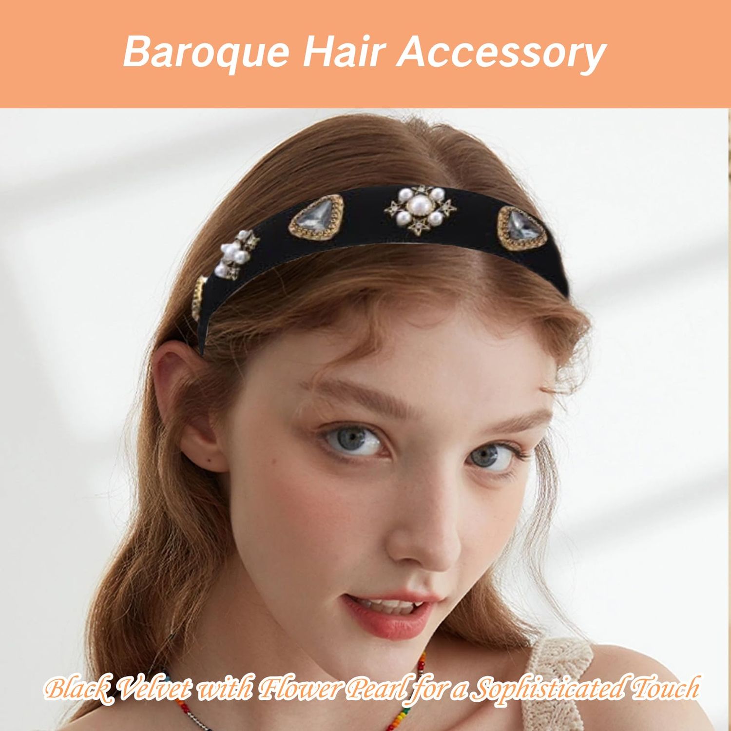 YAFIYGI 1 Pack Black Jeweled Headband Velvet Baroque Chunky Classy Headbands with Pearl Rhinestone Designer Embellished with Pearl Jewel Stylish Beaded Headwrap for Women Dressy Hair Accessories