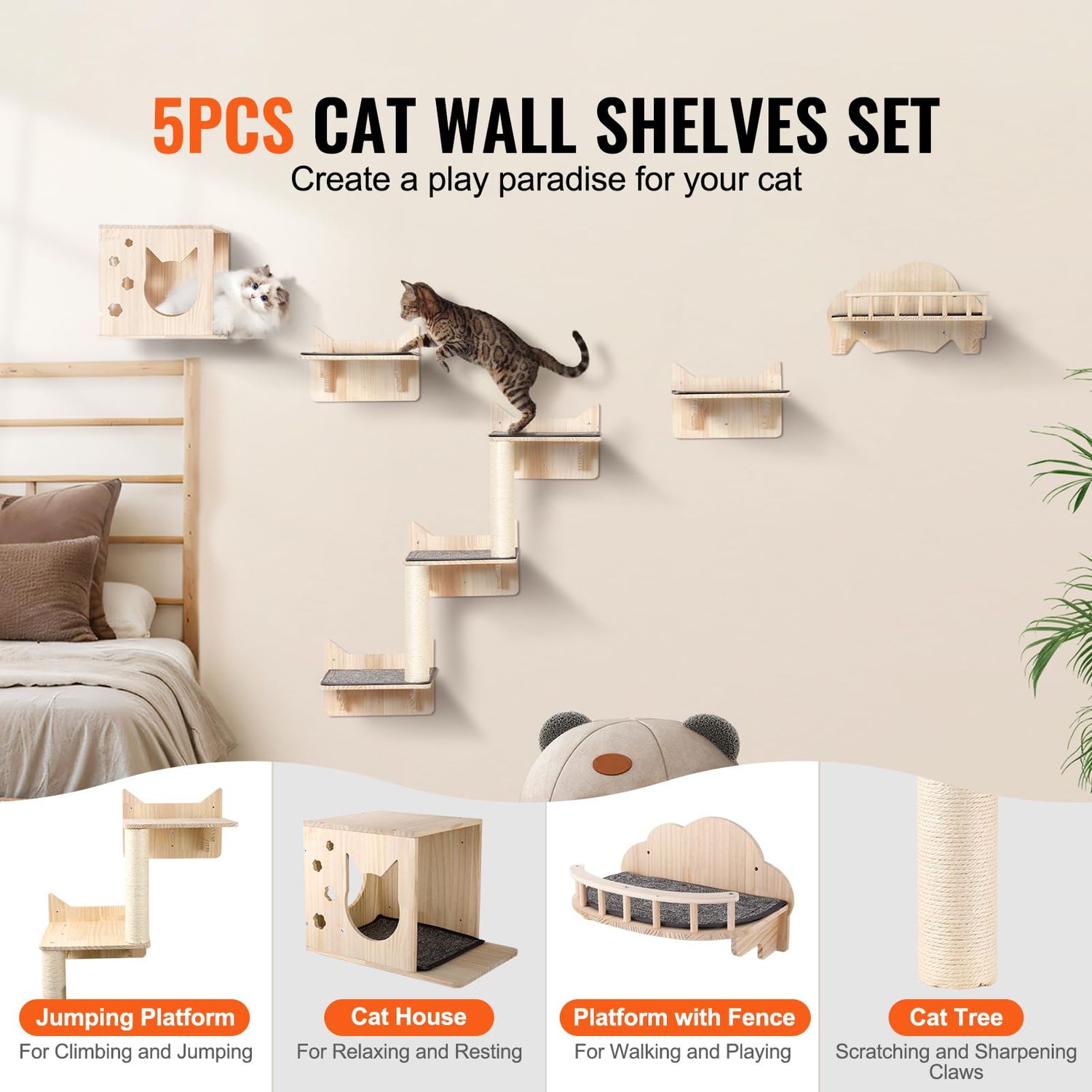 Happybuy Wall Mounted Cat Shelves, Cat Wall Shelves and Perches with Jumping Boards, Nest, Barrier Board & Cat Tree, Cat Floating Furniture up to 40 lbs for Sleeping, Playing, Climbing, Set of 5