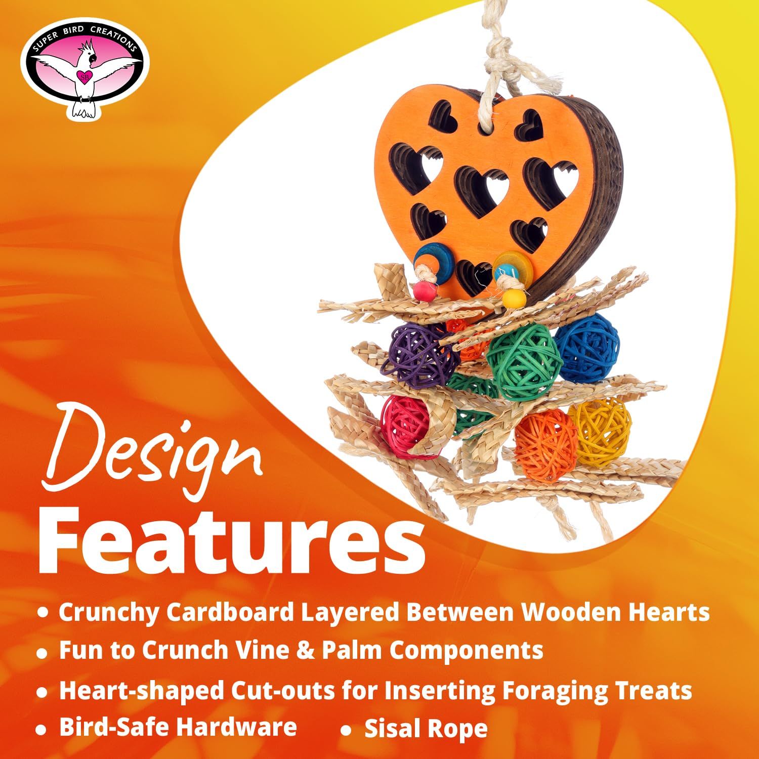 Super Bird Creations SB1207 Foraging Heart Bird Toy - Wooden Heart with Crunchy Cardboard Layers - Engaging Treat Holder Toy for Cockatiels, Caiques, Conures, Ringnecks - Ideal for Medium Bird Size