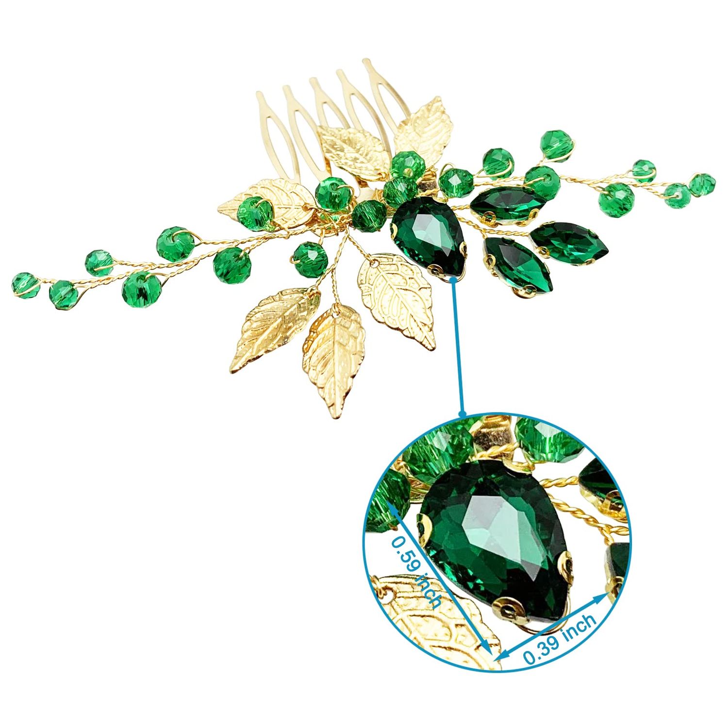 BETITETO Bridal Hair Comb Emerald Green Crystal Gold Leaf Vine Hair Piece Accessories for Wedding Bride Women Party (Emerald Green)