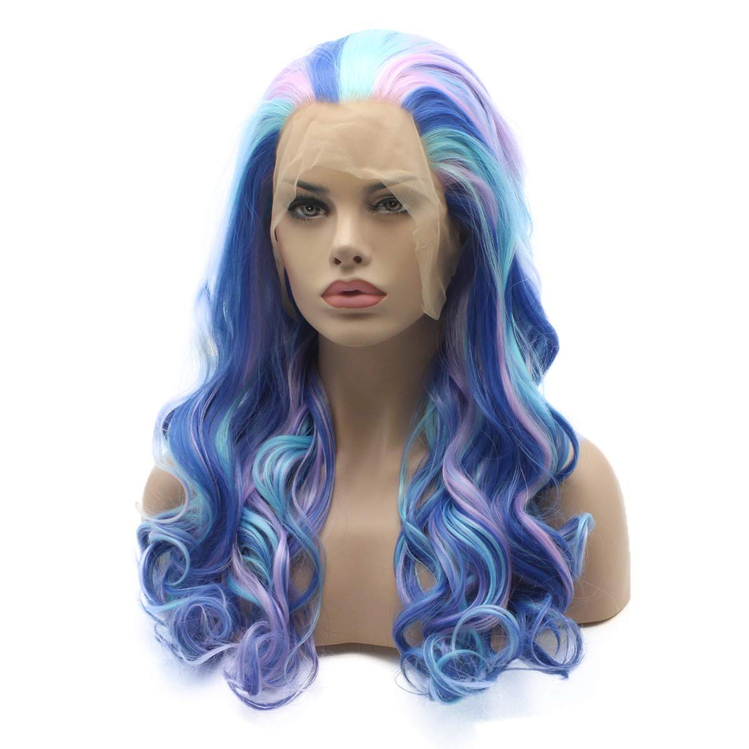 Lushy Long 24inch Wavy Three Tone Mix Blue and Purple and Pink Wig Heavy Density Heat Resistant Realistic Synthetic Lace Front Wigs