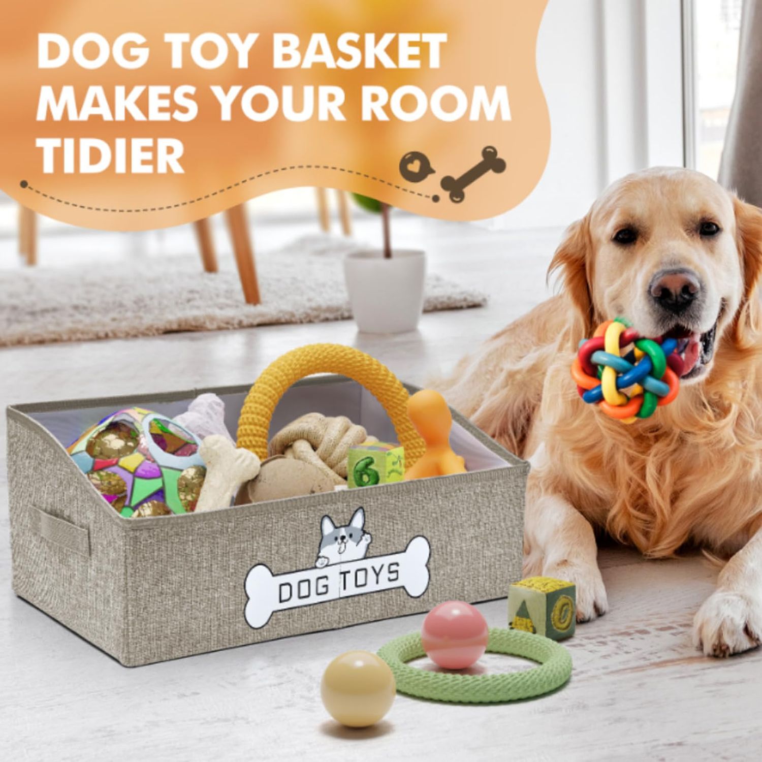 Mutiearo Dog Toy Basket, Specially Designed for Dog Toy Storage, Collapsible Dog Toy Box with Handle，Perfect for Storing Pet Toys and Accessories (Light Khaki), KY0300