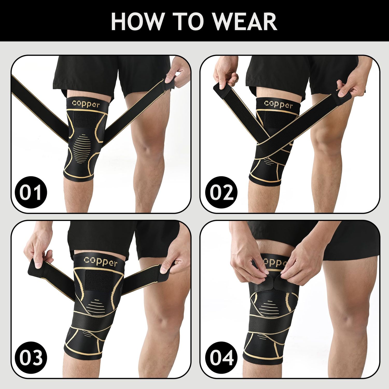 JHVW Copper Knee Braces with Strap for Knee Pain(2 pack)- Knee Compression Sleeve Support for Men & Women,Arthritis,Working Out