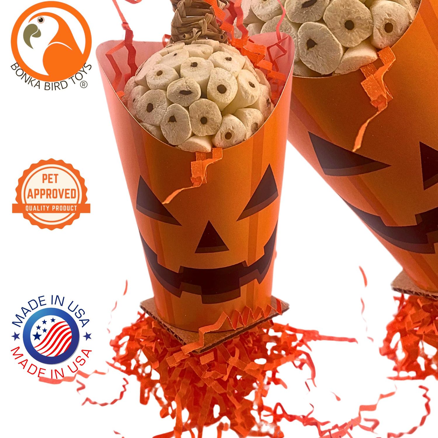 Bonka Bird Toys Halloween Ghoulish Treat Cups Sola Atta Chew Shred Parrot Cage Toy, Conure, Ringneck, Quaker, Cockatiel, and Similar Breed Sizes (2705 Pumpkin)