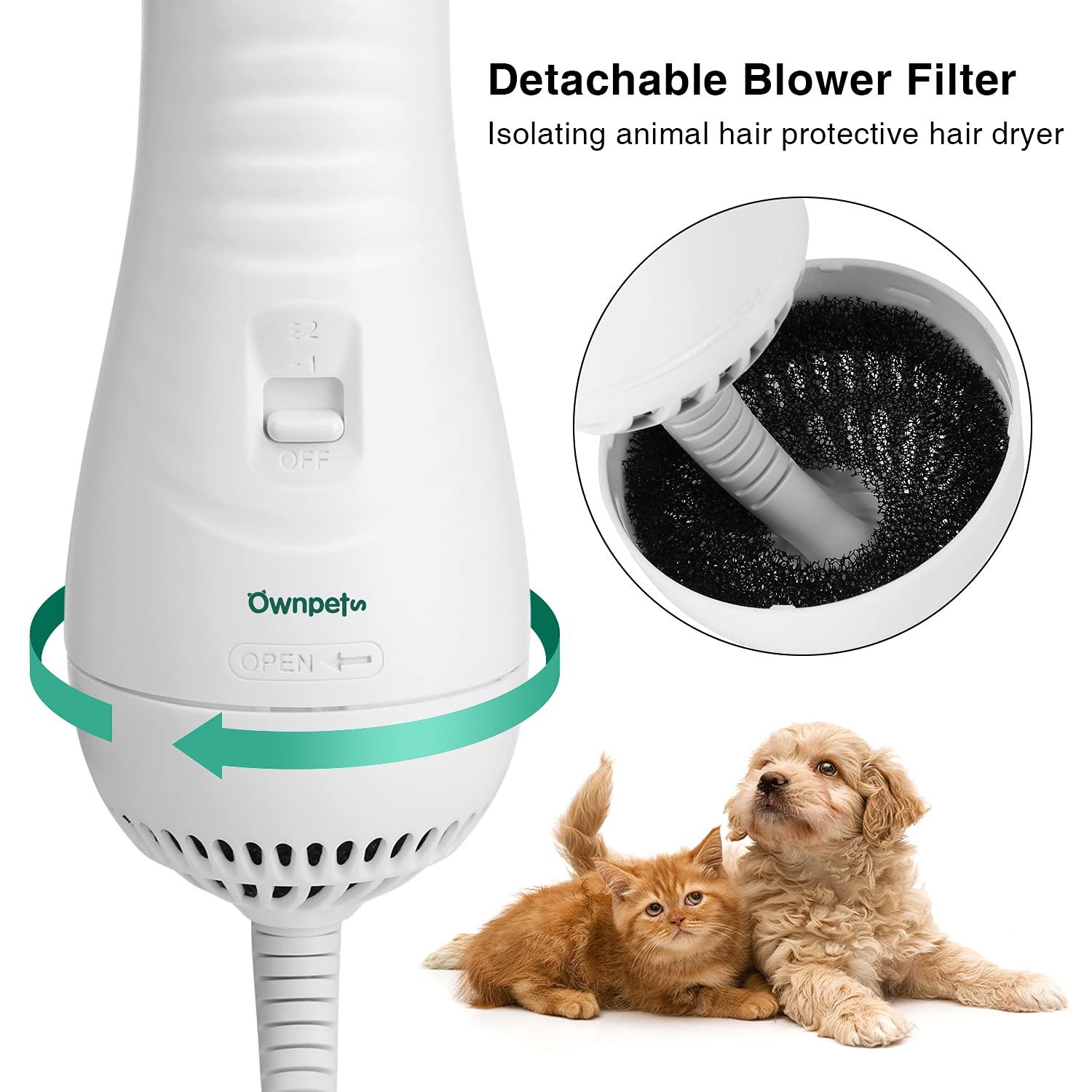 Ownpets Pet Hair Dryer, 2 in 1 Quiet Portable Pet Grooming Blower with Slicker Brush, Adjustable Temperature & Fast-Drying Towel, Home Pet Care for Dogs, Cats & Other Coated Breed