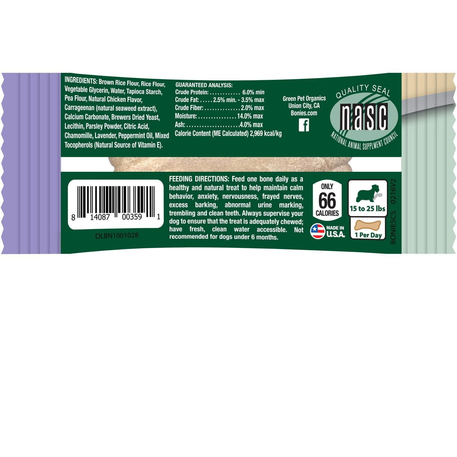 BONIES Natural Calming Formula Dog Treats - Contains Chamomile & Lavender, Help Anxiety, Excessive Barking and Trembling, Chicken Flavor, Small, Single Bones 0.81 oz