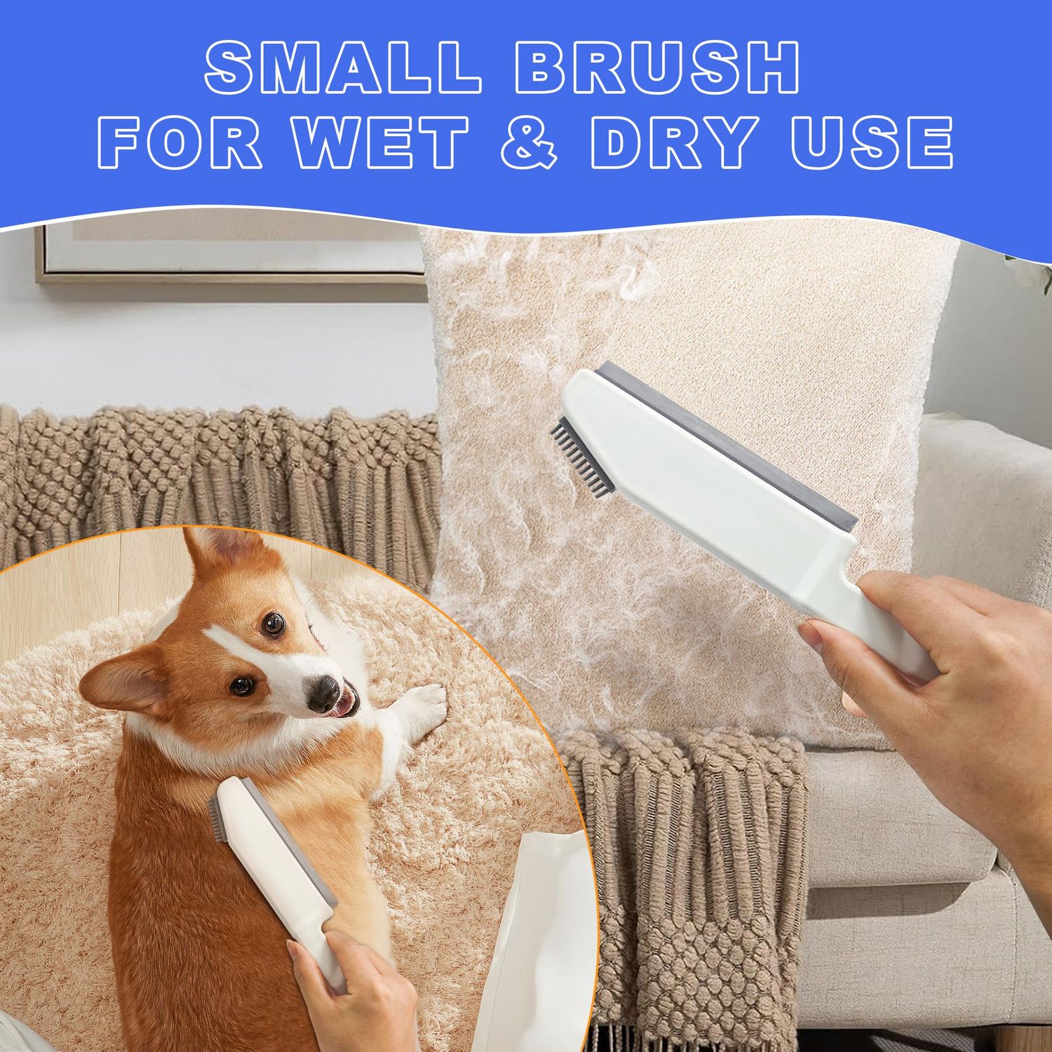 Dolanx Rubber Broom Carpet Brush with Squeegee, Pet Hair Remover with 52.8 inches Long Handle, Detailing Lint Fur Removal Tool, Silicone Rug Rake for Cleaning Hardwood Floor, Tile, Window (Blue)