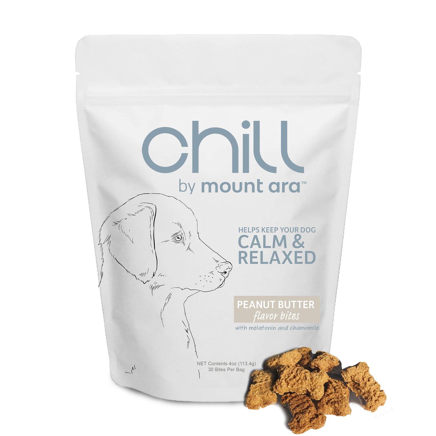 chill by mount ara CHILL Bites Calming Dog Treats for Relaxation, Made with Peanut Butter, Chamomile, & Melatonin for Dogs, Natural Dog Treats 4 oz