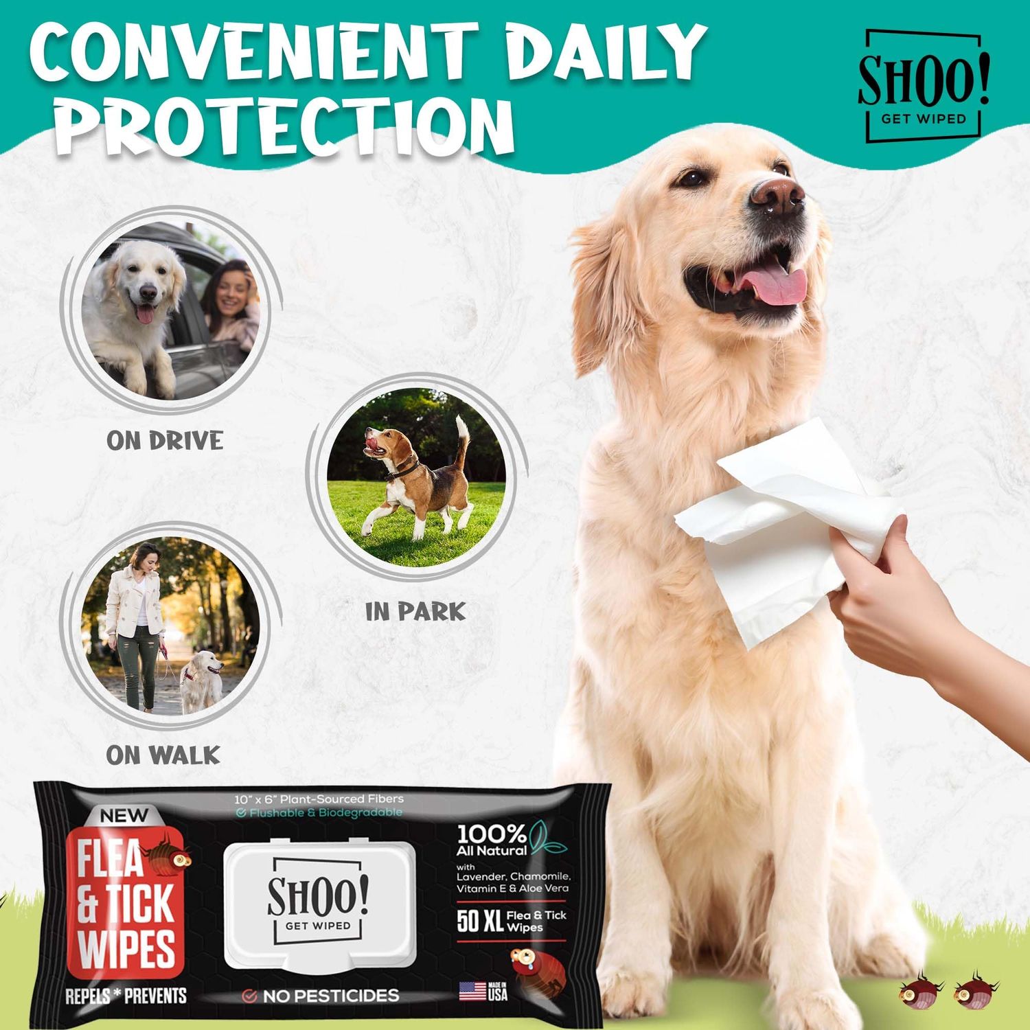Shoo! Flea & Tick Wipes | Convenient, Easy On-The-Go Protection | Plant Based, Natural Oils, Chemical Free | Repels & Prevents | 50 XL Wipes (2 Pack) | Original -Lavender