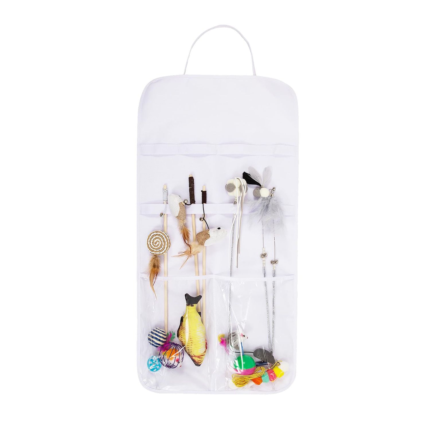 Cat Wand Toy Storage Hanging Bag,High Capacity Cat Wand Toy Storage Bag, Indoor Cat Toy Storage Organizer,Lightweight Pet Toy Storage Bag for Neatly Organizing Teaser Wand Toys,Keep Home Tidy(White)