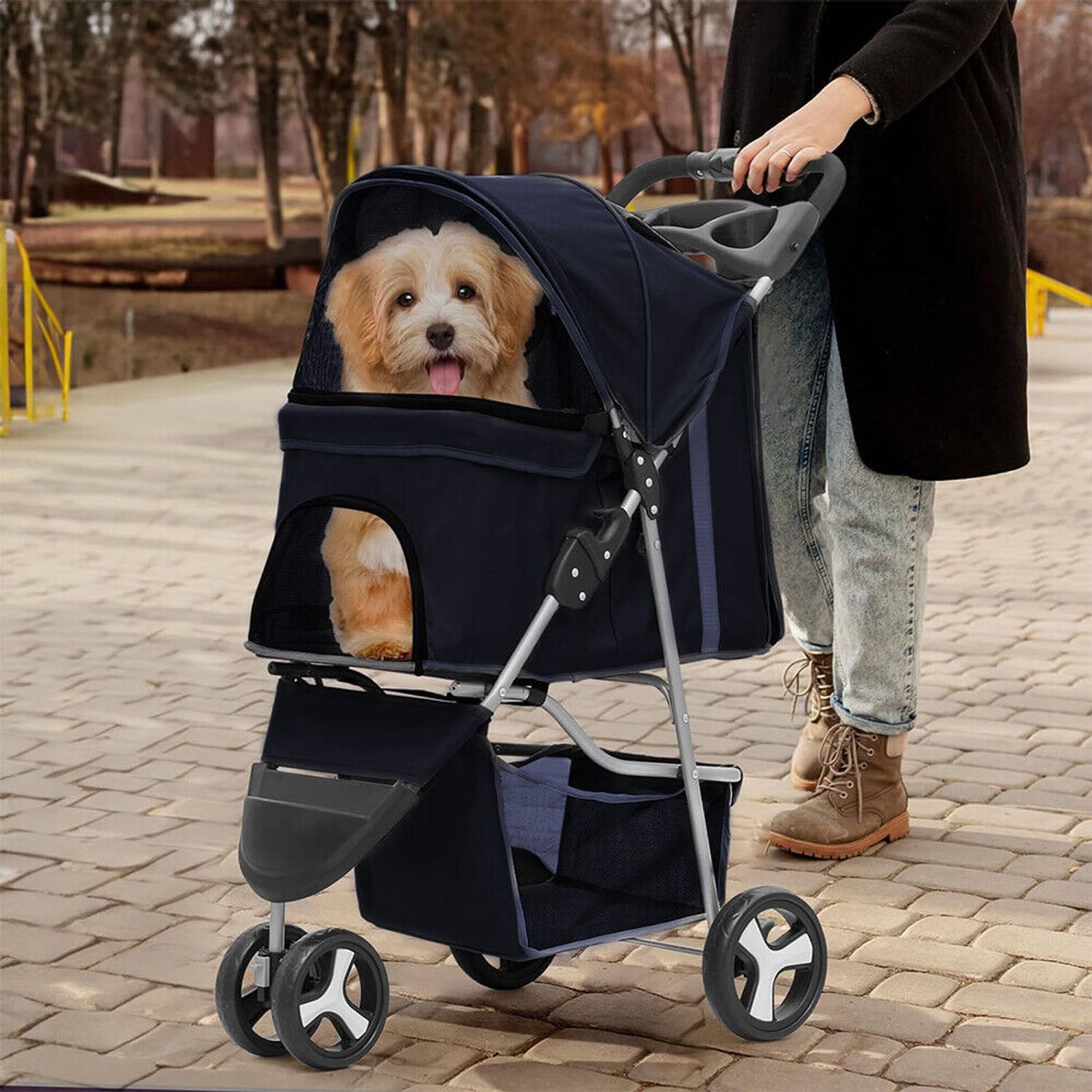 Foldable Pet Stroller fr Cats &Dogs 3 Wheels Carrier Cart w/Cup Holder Navy Blue