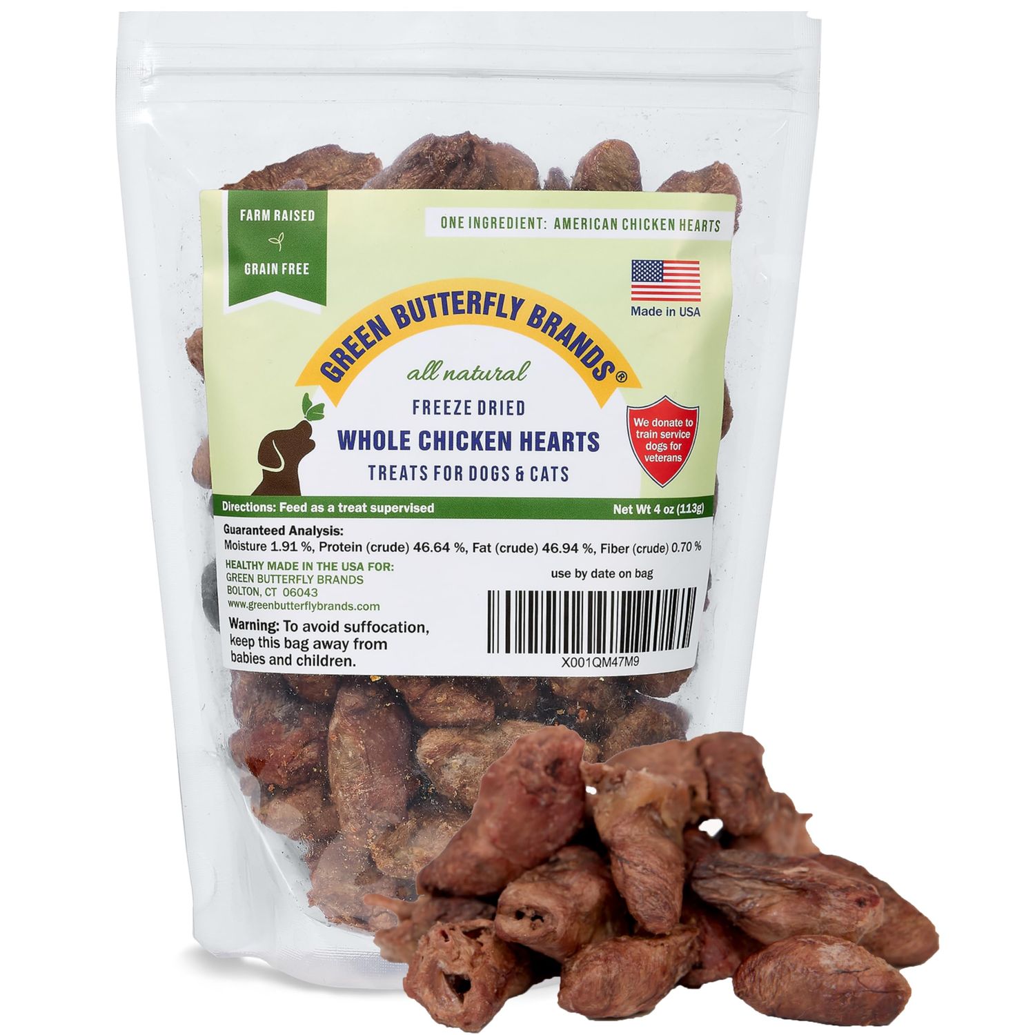 Green Butterfly Brands Freeze Dried Chicken Heart Dog Treats Made In USA. All Natural Freeze-Dried Raw Snacks for Dogs and Cats. One Ingredient. High Protein. Heart Health. Irresistible Training Treat