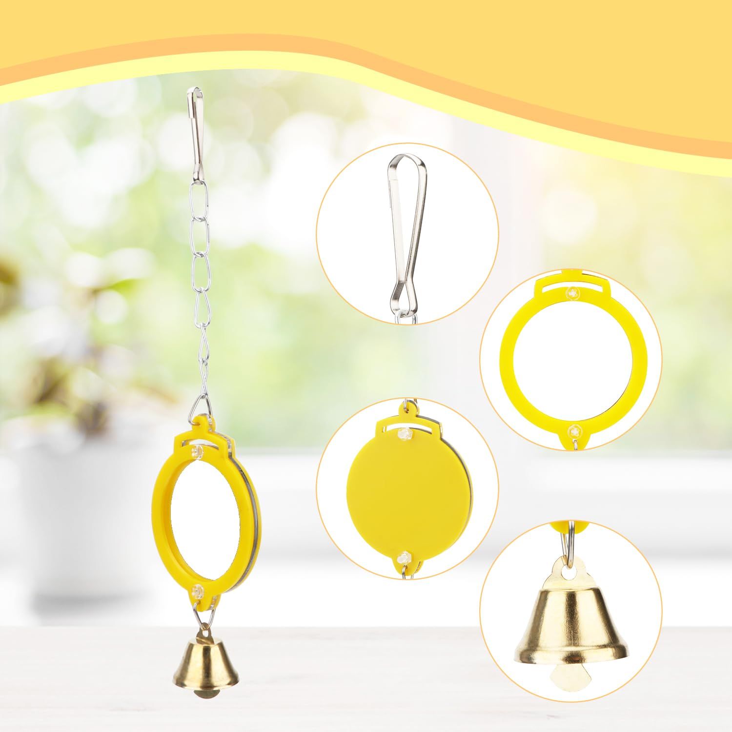 Hypeety Pet Bird Mirror with Bell Interactive Treat Puzzle Parrot Toy Bird Cage Mirror Small Bird Swing Chew Toys Fun Cage Accessories (Color Random) (Round Shape)