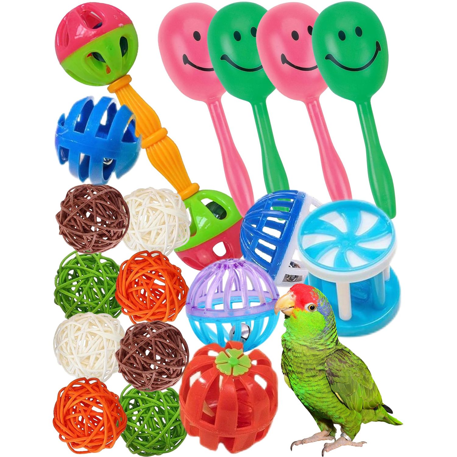 Bird Toys 18 Pcs Set, Colorful Plastic & Woven Rattan Balls with Bells for Parrots & Small Birds - Safe, Strong, & Stimulating Play for Beak Health & Foot Flexibility