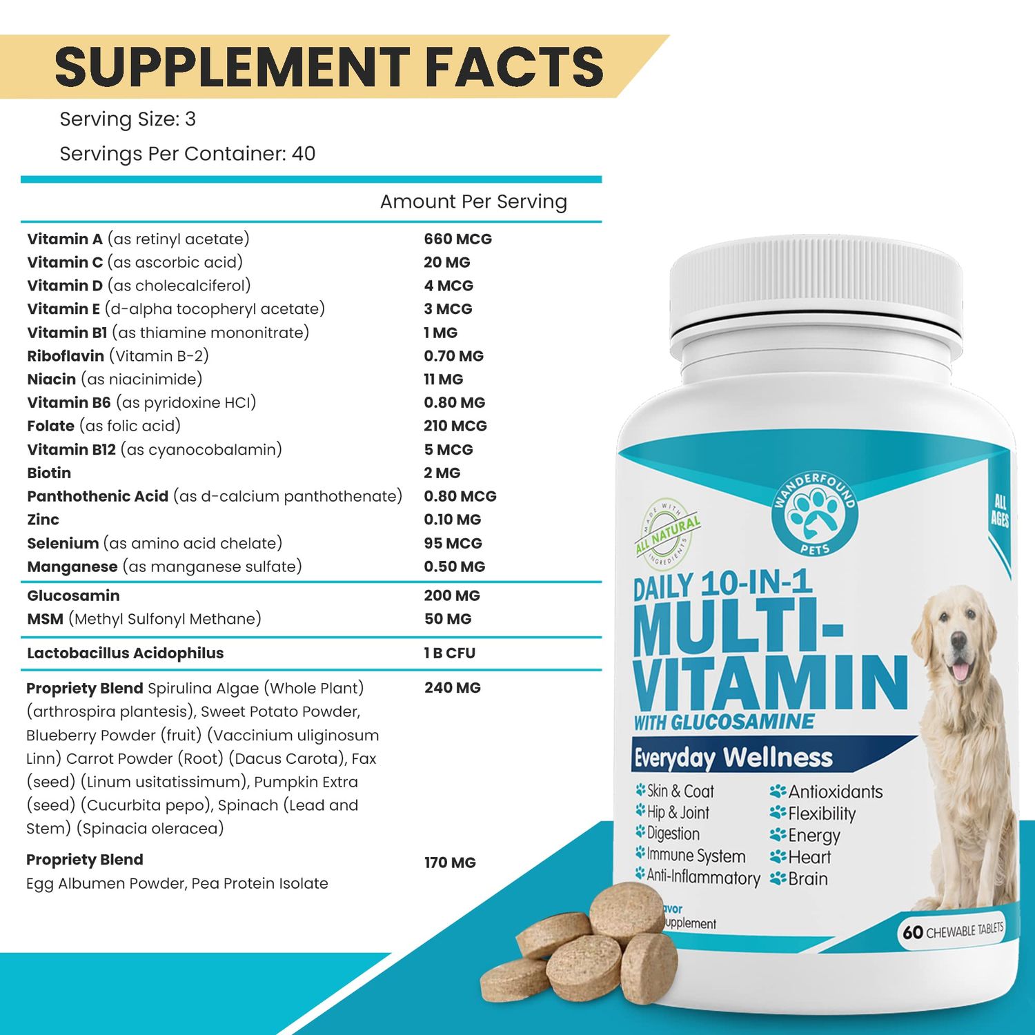 Wanderfound Pets 10-in-1 Dog Multivitamin, Chewable Dog Vitamins with Glucosamine, D3, and MSM, Dog Health Supplies for Immune System and Joint Health, Liver Flavor, 60 Tablets