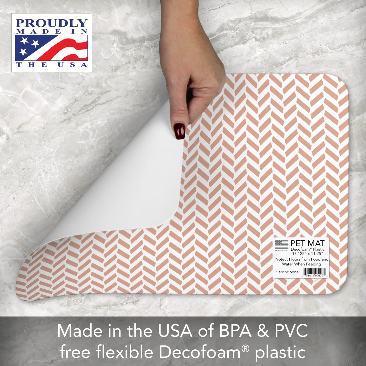 CounterArt Herringbone Easy Care Waterproof Pet Placemat 17.13” x 11.25” Made in The USA of BPA Free Plastic, Safe for Pets, Protects Floors from Cat & Dog Bowls