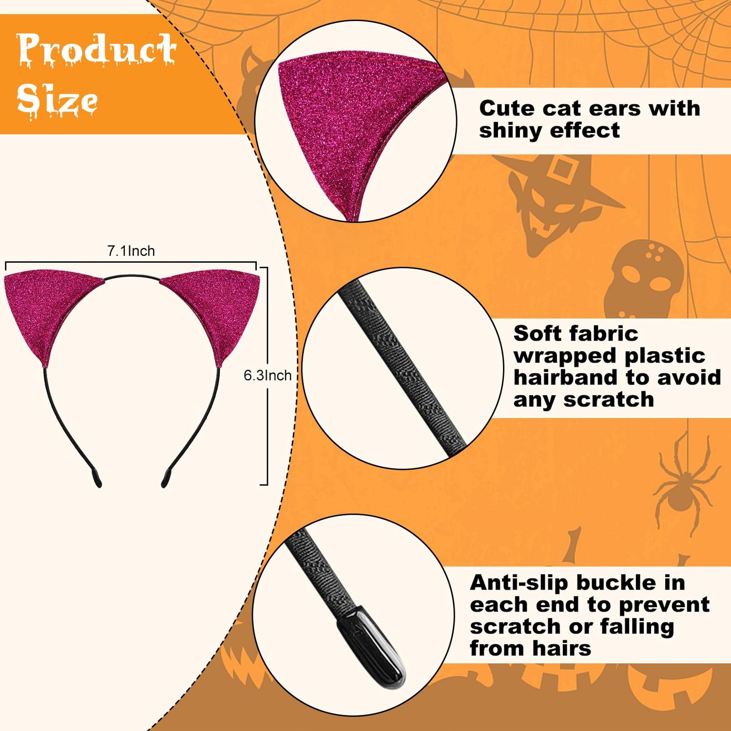 Cat Ears Headband for Women Girls - Cute Sparkle Glitter Hairband Halloween Cosplay Cat Costume Hair Accessories for Adult Kids Birthday Daily Wear Rose Red