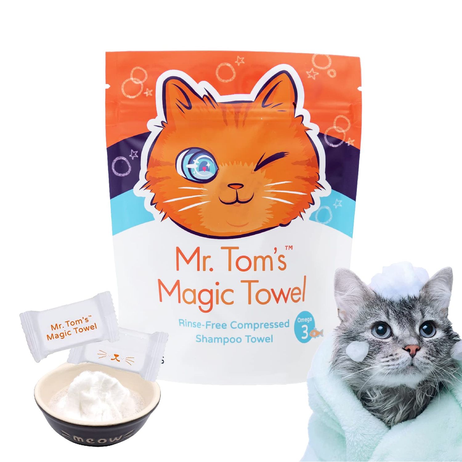 Mr. Tom's Magic Towel - Pet Wipes for Cats - Rinse-Free Compressed Shampoo Towel for Cats and Dogs - Non-Toxic, Re-usable, pH-Balanced, Omega 3 Fish Oil Cat Shampoo - 10 Towel Pieces