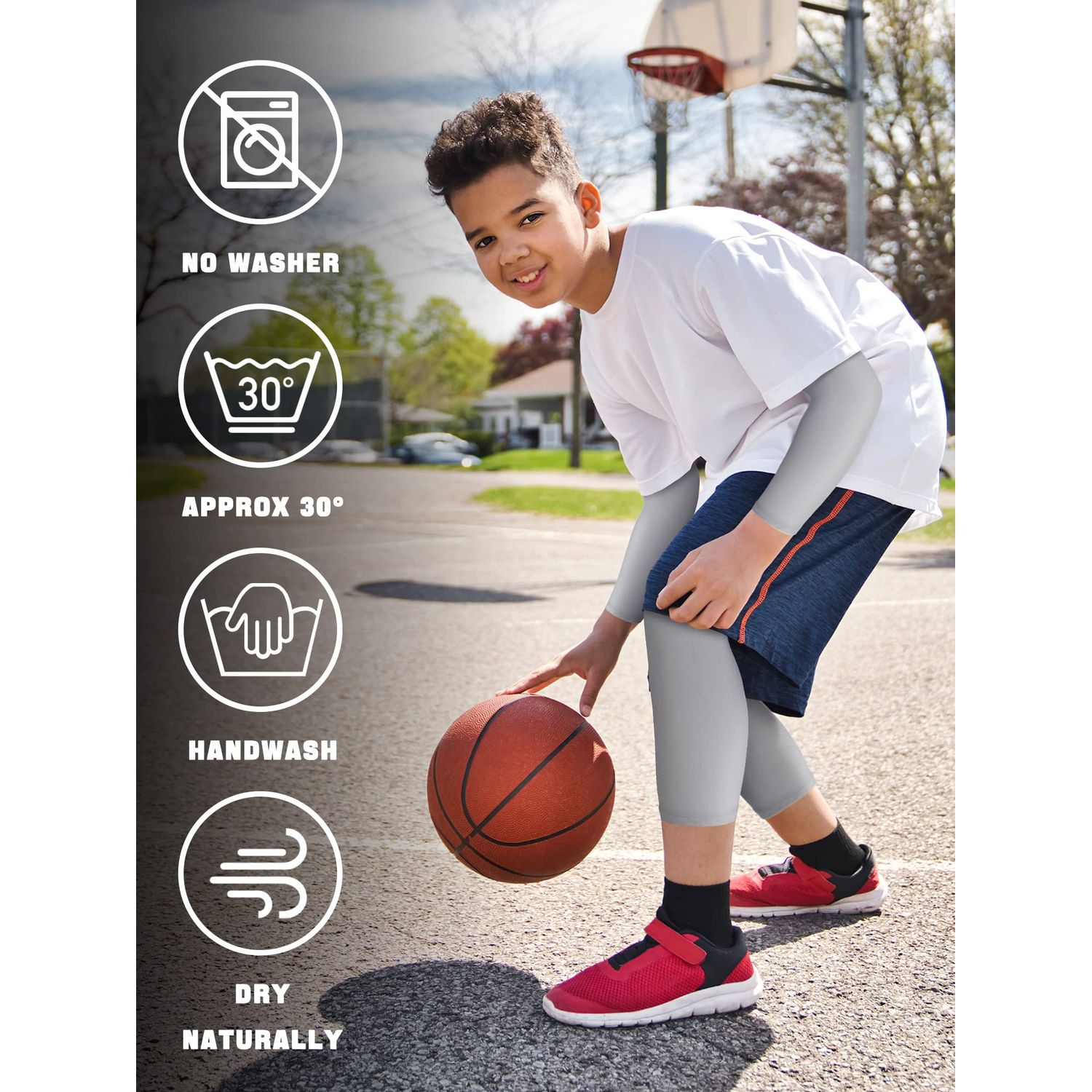 8 Pairs Kids Arm Sleeves and Basketball Leg Sleeves Set Non Slip Long Compression Leg Sleeves for Boys Girls Youth (White, Black, Blue, Gray,Small)