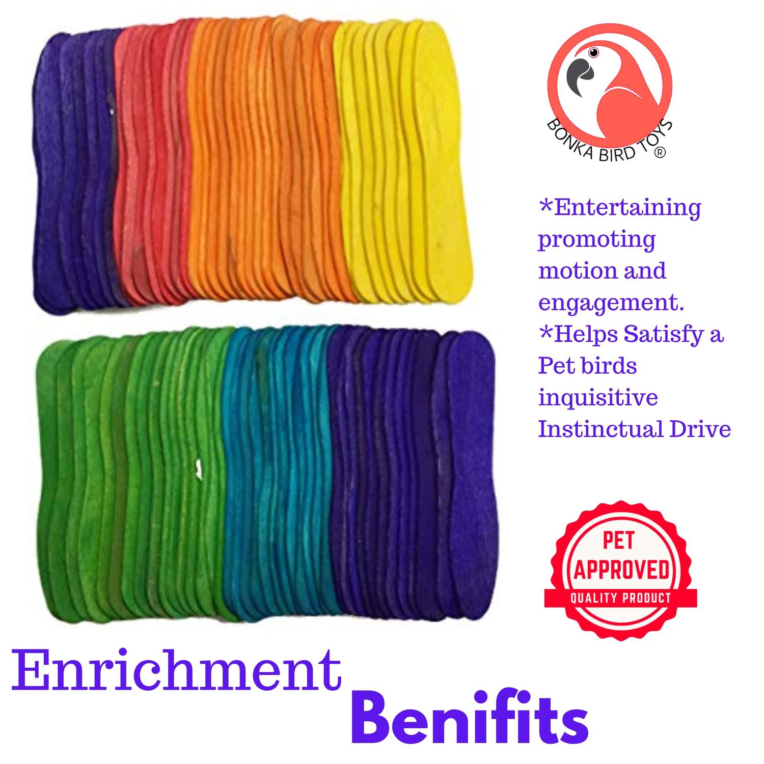 Bonka Bird Toys Natural and Colored Ice Cream Sticks Foot Talon Craft Part Pet Parrot, Conures, Parakeets, Ringnecks, and Similar Breeds (1229 Pk80 Colored)