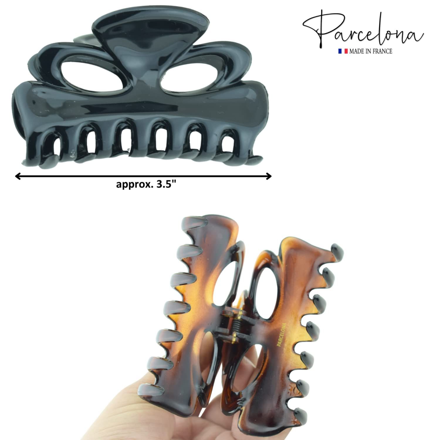 Parcelona French Chat Yeux 3 1/2" Shell and Black Celluloid Set of 2 Non Slip Hair Claw Clips for Women, Made in France