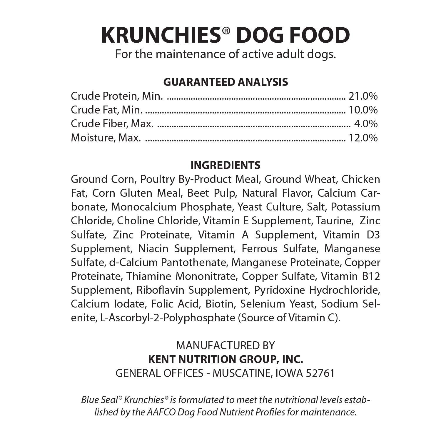 Blue Seal Kent Nutrition Krunchies Adult Dog Food 25 Lbs. No Soy, No Artificial Colors or Preservatives, Nutritionally Complete with Added Vitamins and Minerals