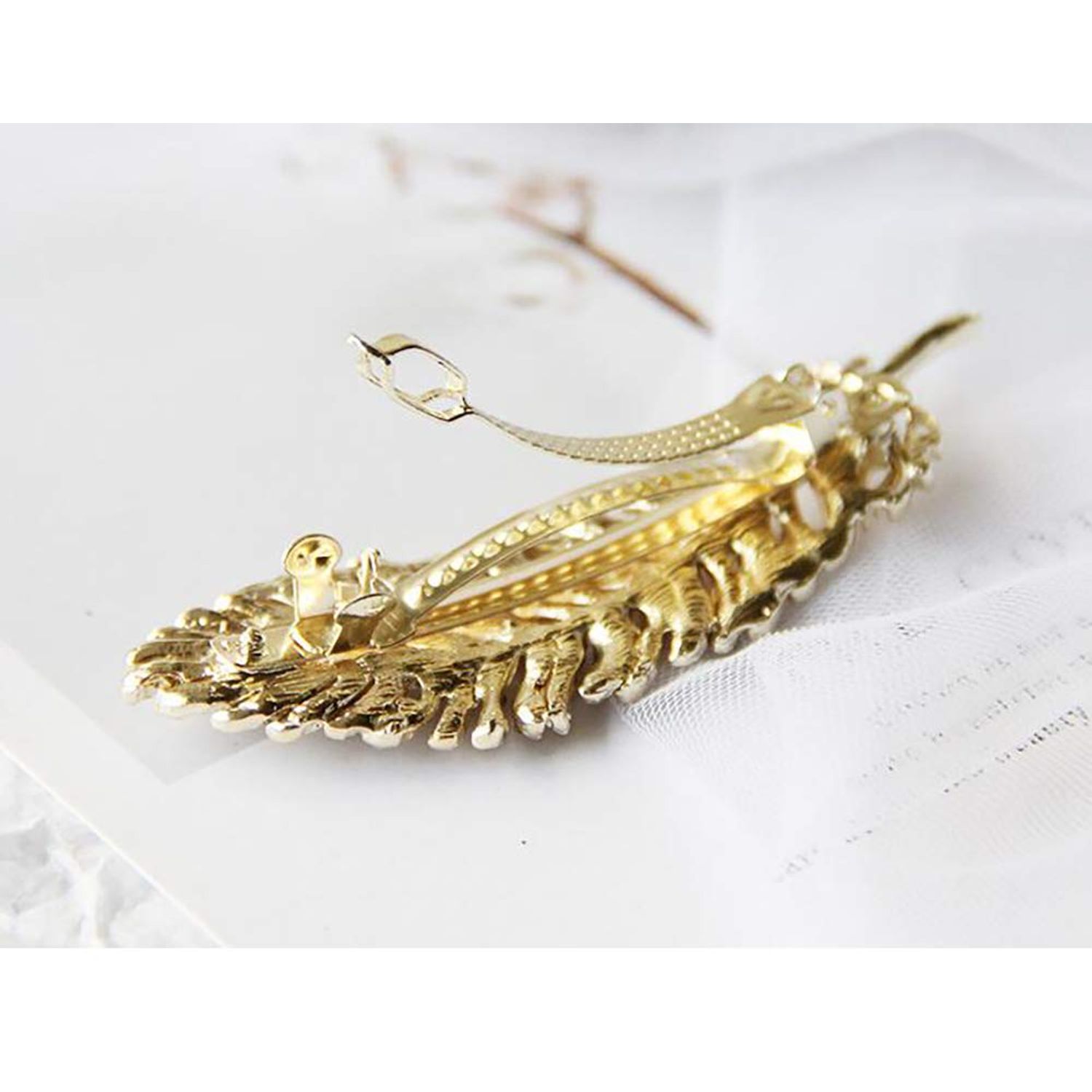 Vintage Rhinestone Leaf Feather Style Hair Barrette Hair Clip Elegant French Clip Wedding Hair Pin (Silver)