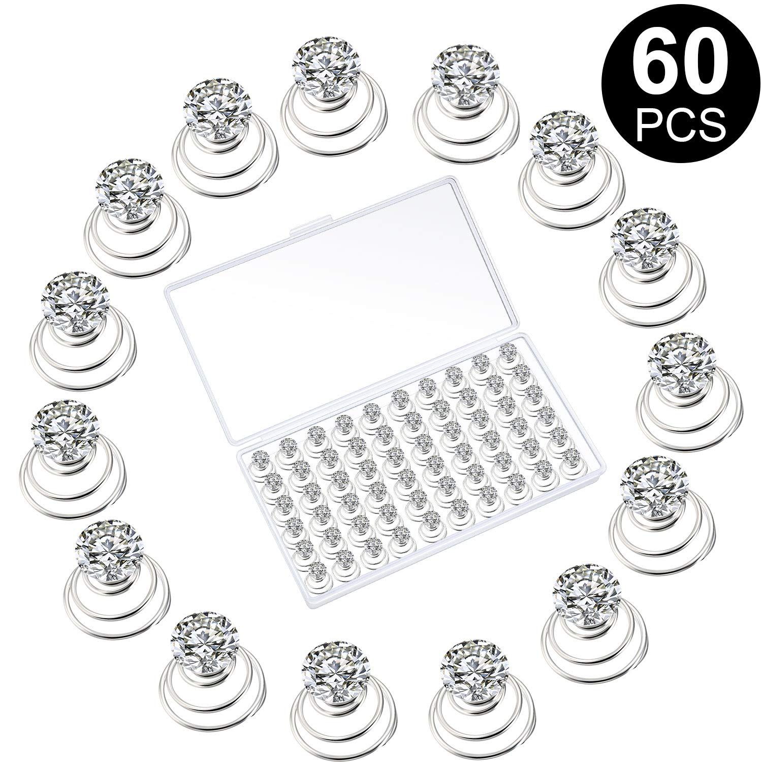 60 Pieces Rhinestone Crystal Twisters Set Spiral Hair Pin Silver Coil for Wedding, Bridal, Prom, Party and Special Occasion with Clear Container
