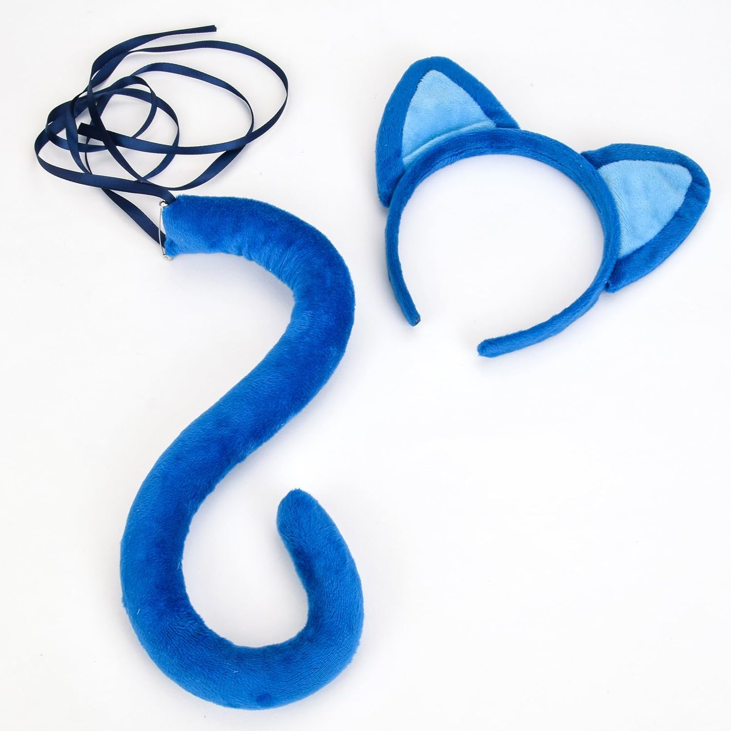 DDazzling Blue Cat Ears Headband and Tail Set Read Book Day Dress Up,Halloween Cat Costume Family Accessories (Blue)