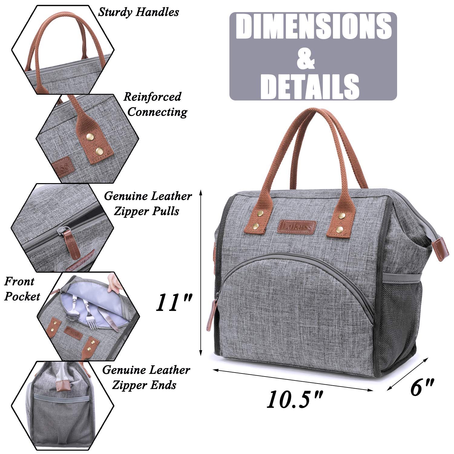 LOKASS Insulated Lunch Bag Wide Open Tote w Drink Holder