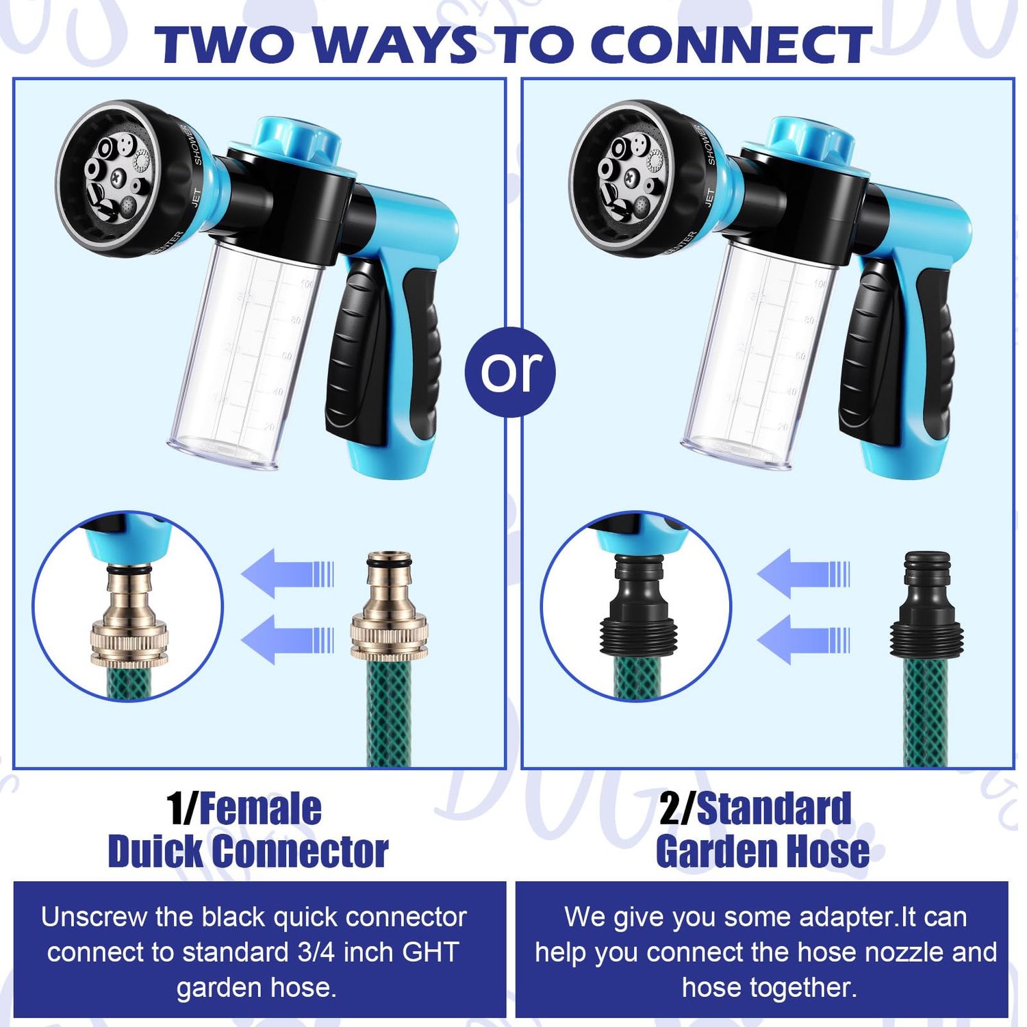 Baderke 10 Piece Dog Washing Hose Attachment Dog Hose Nozzle with Soap Dispenser Pet Shower Tool Set Dog Comb Bath Brush Towel Car Wash Mitt Brass Converter Tape for Pet Garden Car Washing (Blue)