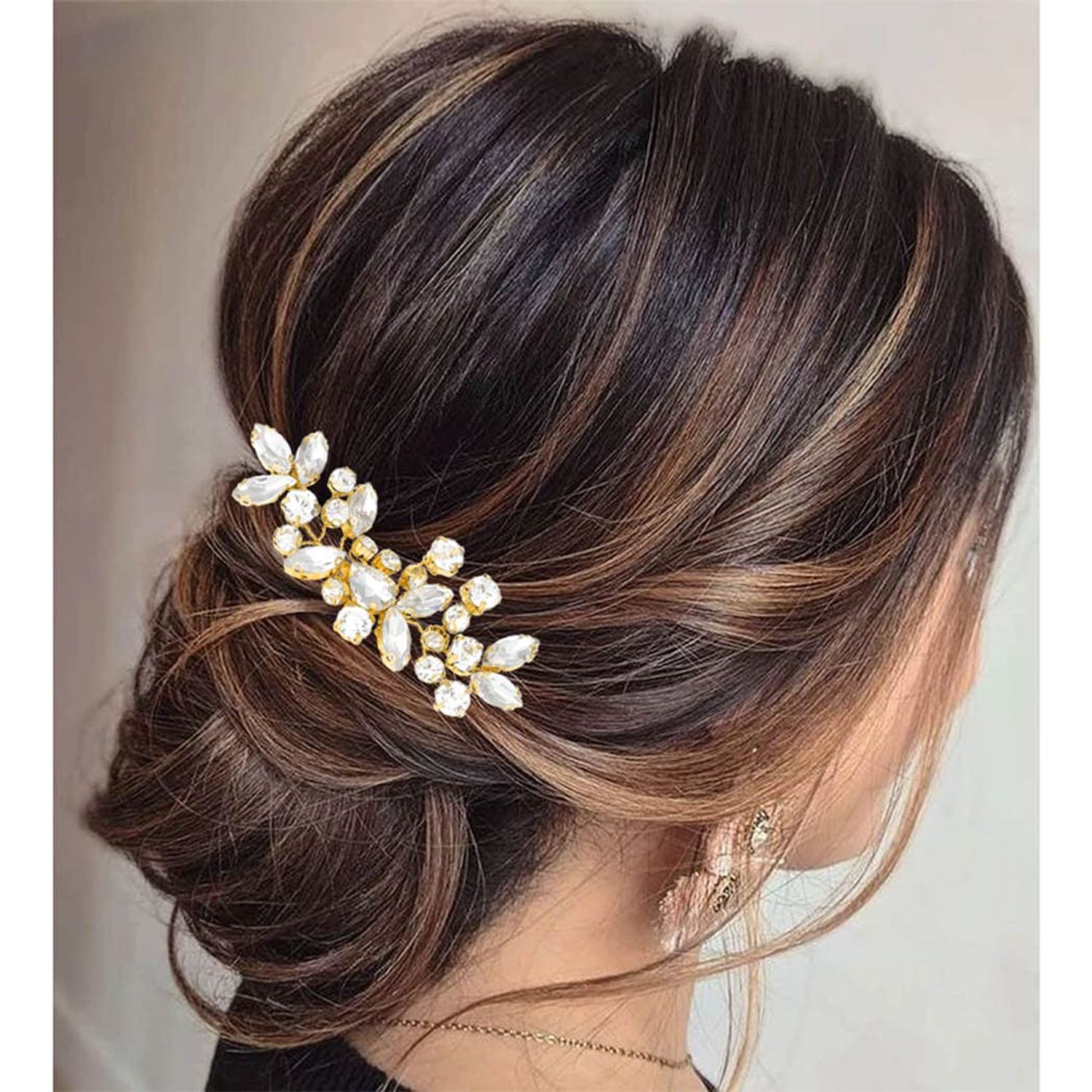Aukmla Rhinestone Bride Wedding Hair Comb Gold Bridal Hair Piece Crystal Hair Accessories for Women and Girls (B Gold)