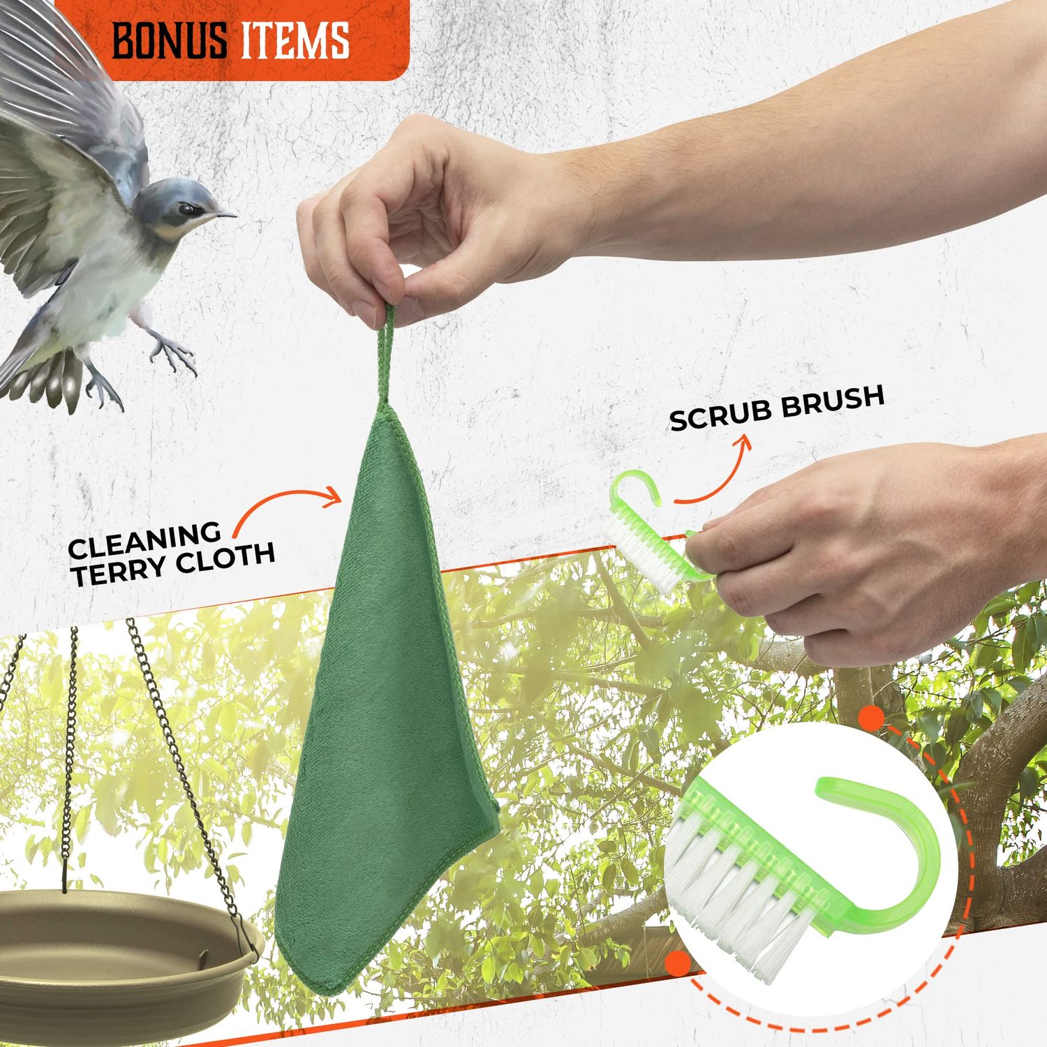 Magerdy Fields 12 Inch Hanging Bird Bath - 3 Chains with an S Hook - Complete with Microfiber Cleaning Cloth and Brush - Bird Bath for Outside - birdbaths for Outdoors- Crow Feeder