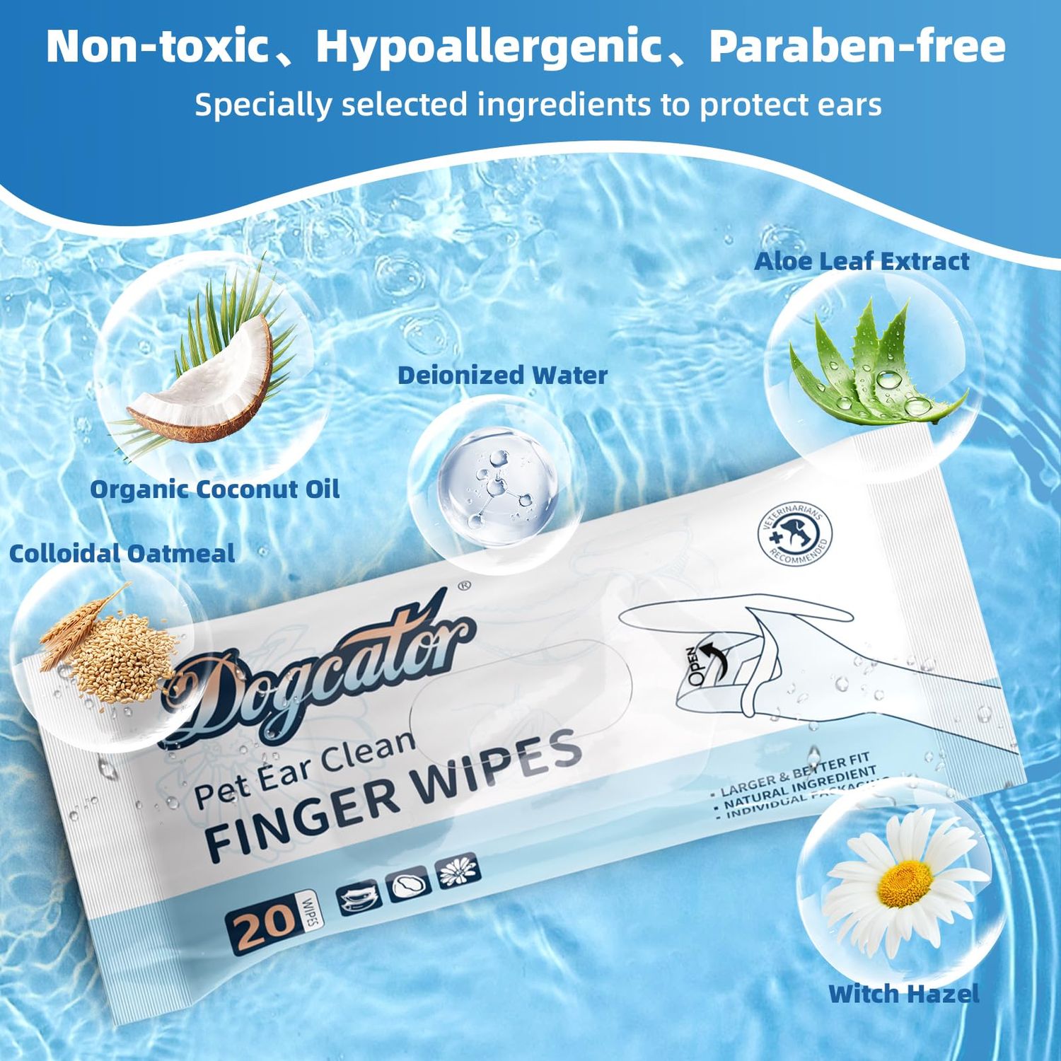 Dogcator Dog Finger Wipes, 120 Count Dog Ear Cleaner Bathing Wipes for Cats, Pet Cleaning Wipes for Natural Puppy Wipes | Soothes Itchy Dry Skin, Fresh Coconut Scent Dog Ear Infection Treatment