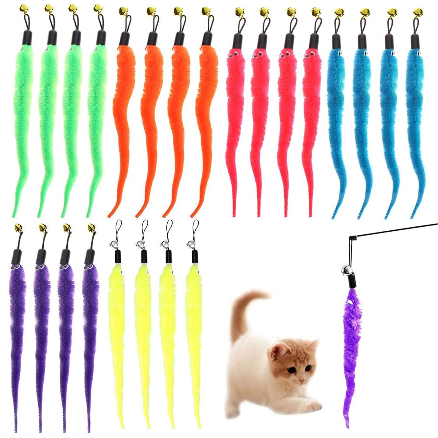 24 PCS Cat Worm Toy Refills Cat Wand Toy Replacement Interactive Cat Wand Toy Accessories Cat Feather Worm Teaser Refills Attachment for Cat Fishing Pole Toy Worm Cat Toy Teaser for Indoor Cats Kitten