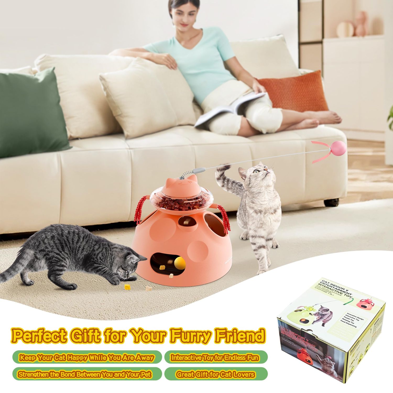 beitophome 4-in-1 Cat Toys, Interactive Cat Toy with Track Balls, Fluttering Feathers, Slow Food Dispenser, Fun & Engaging Toys for Bored Indoor Cats, Durable & Safe Interactive (Pink)