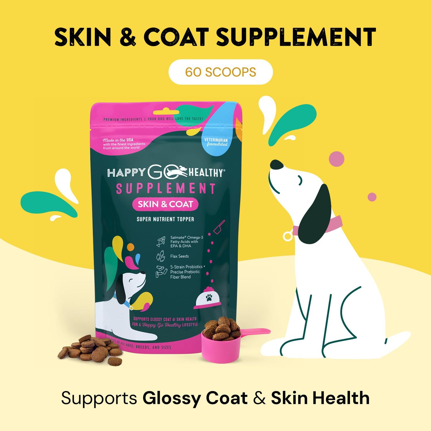 Happy Go Healthy Skin & Coat Supplements for Dogs | Dog Itching Skin Relief & Promotes Shiny Skin Coat for Dogs | Rich in Omega 3 All-Natural Ingredients Tasty Kibble Dog Food Topper | 60 Count Pack